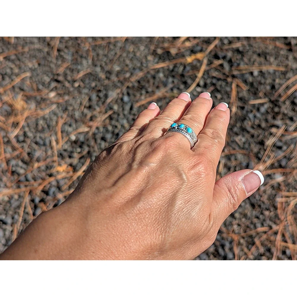 Native American 3-Stone Band Turquoise Ring Sterling Silver Jewelry Sz 10.25US**